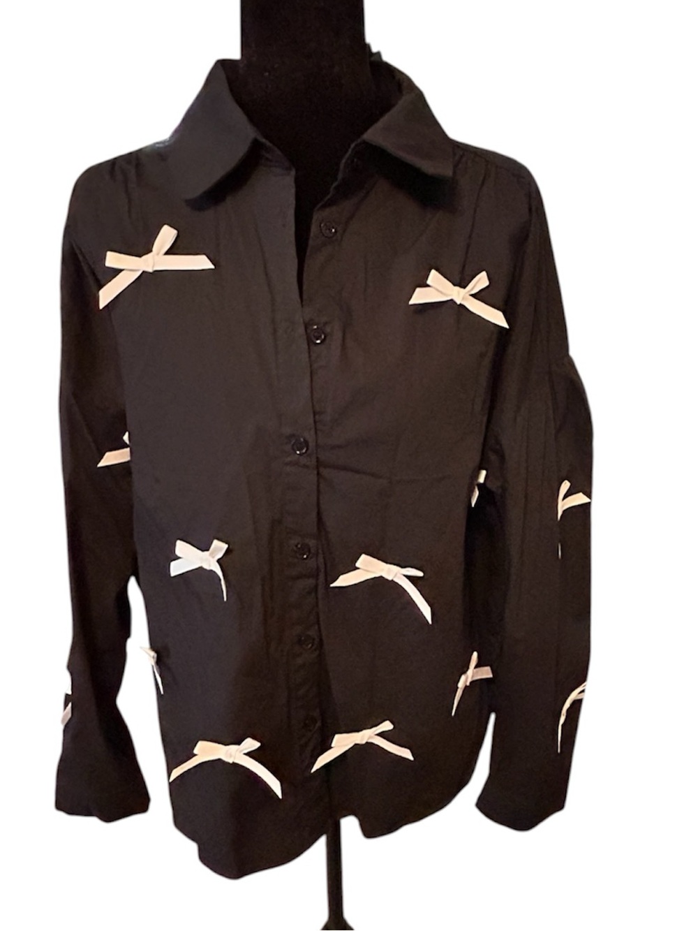 JODIFL Black Button-Down Shirt with Cream Bow Accents-Large